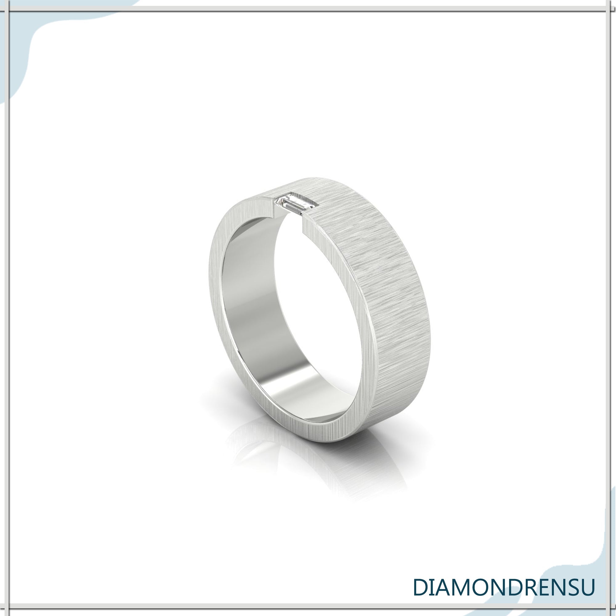 Baguette cut diamond placed in brush finish mens wedding band.