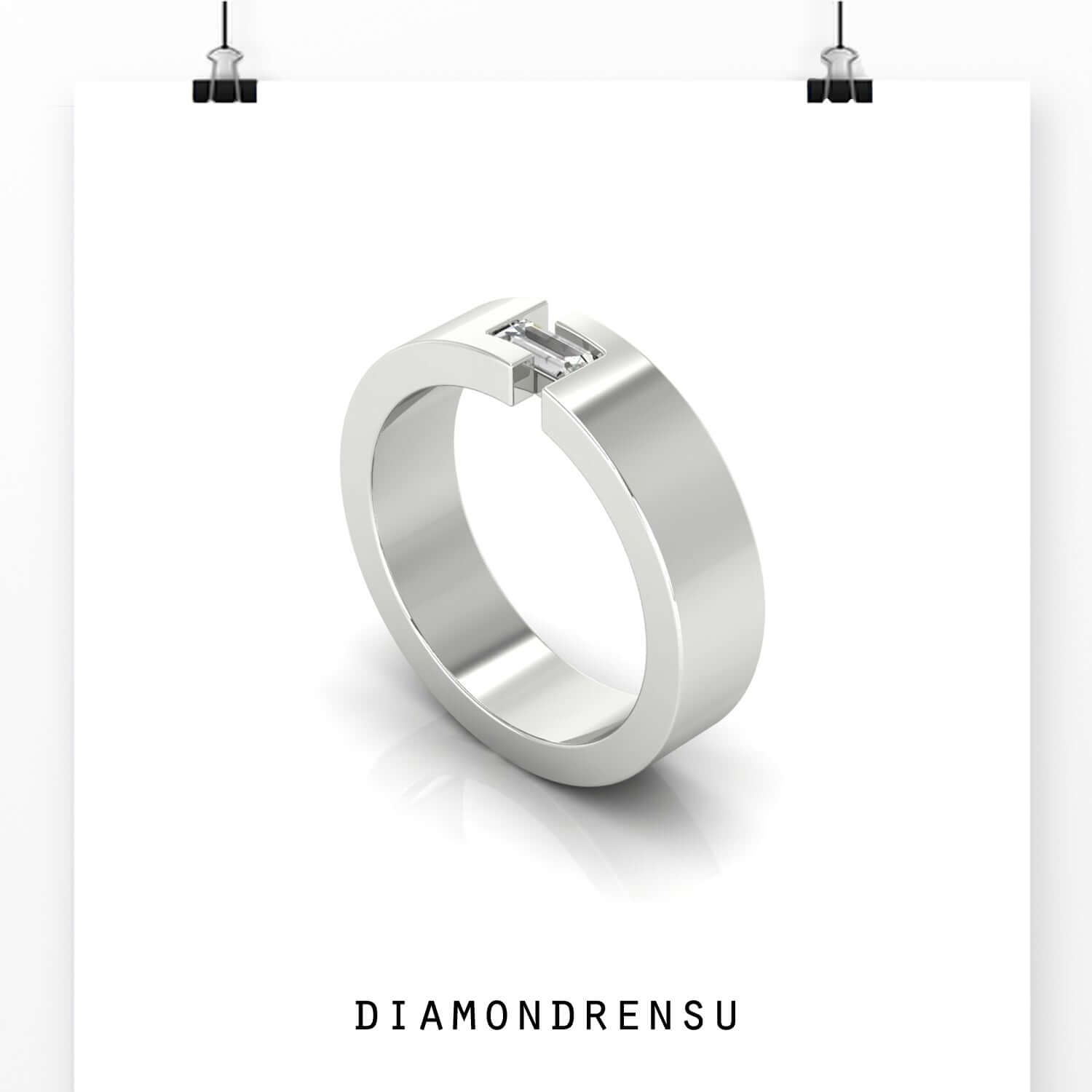 Lab grown diamond mens wedding band with gold baguette diamond ring design.