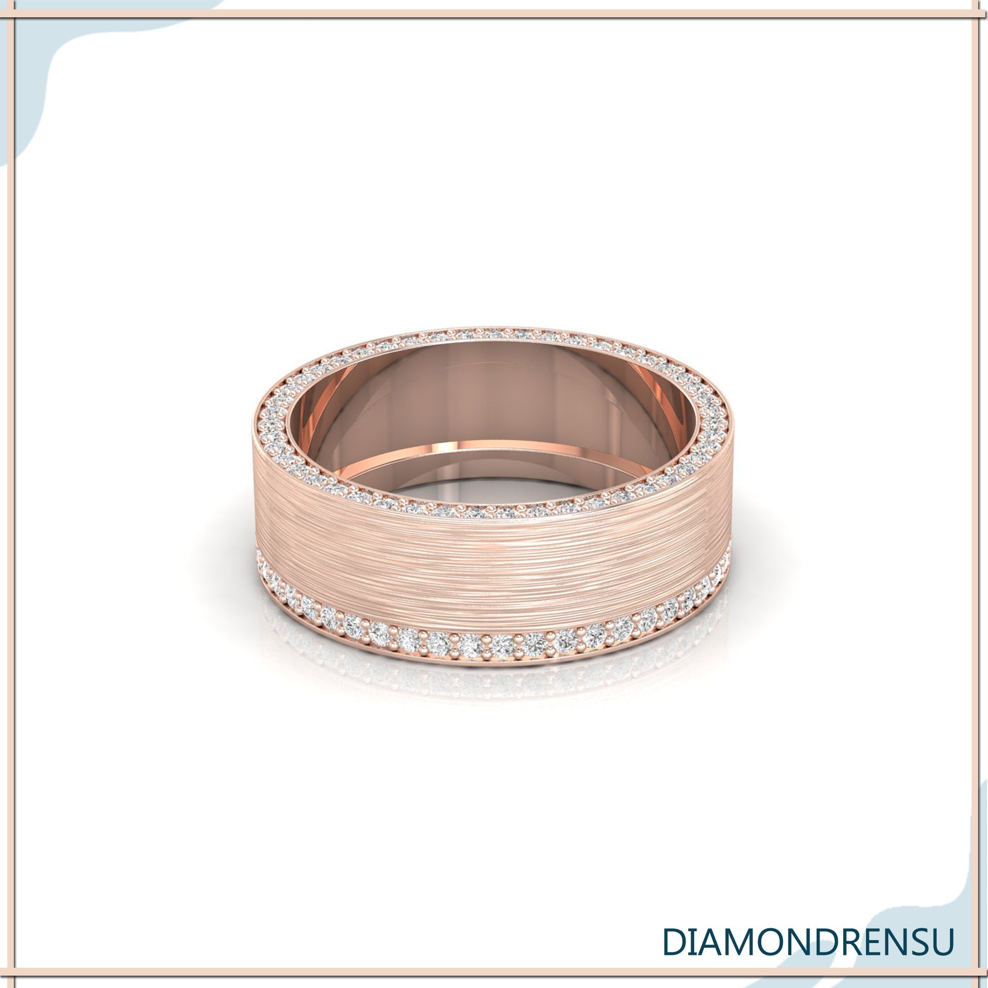 Diamondrensu UK wedding band with round cut diamond and shared prong setting.