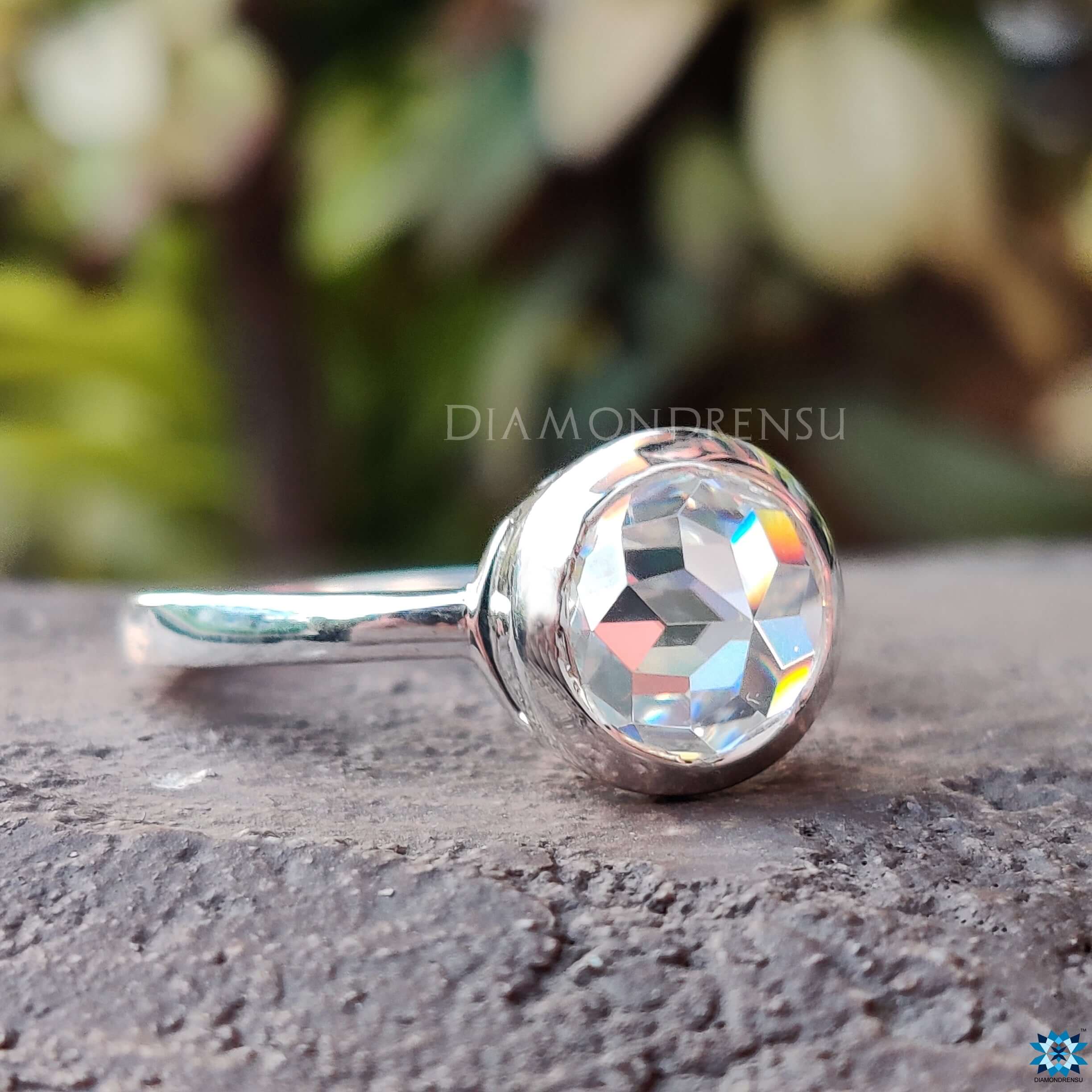 Buy engagement ring with round rose cut Moissanite in handmade bezel setting.