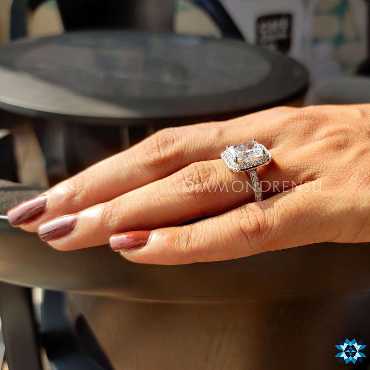 Milgrain detail ring with halo moissanite.