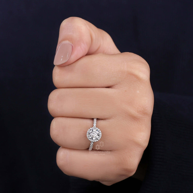 Diamondrensu UK engagement ring with a pave band and handmade finish