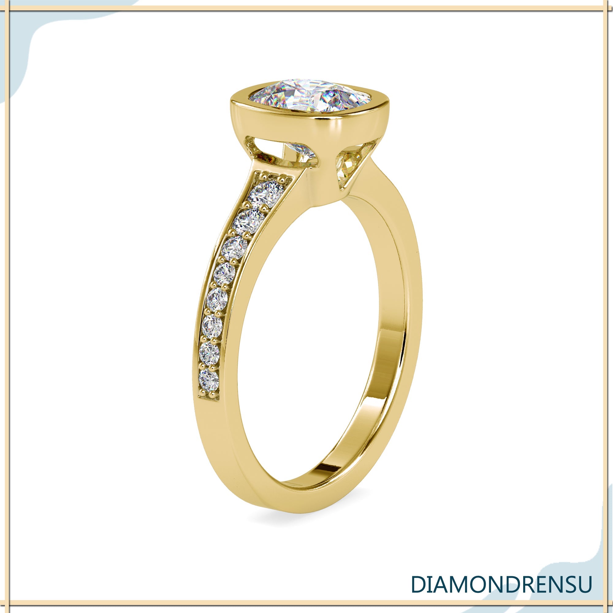 Pave setting ring with round cut cushion centre diamond.