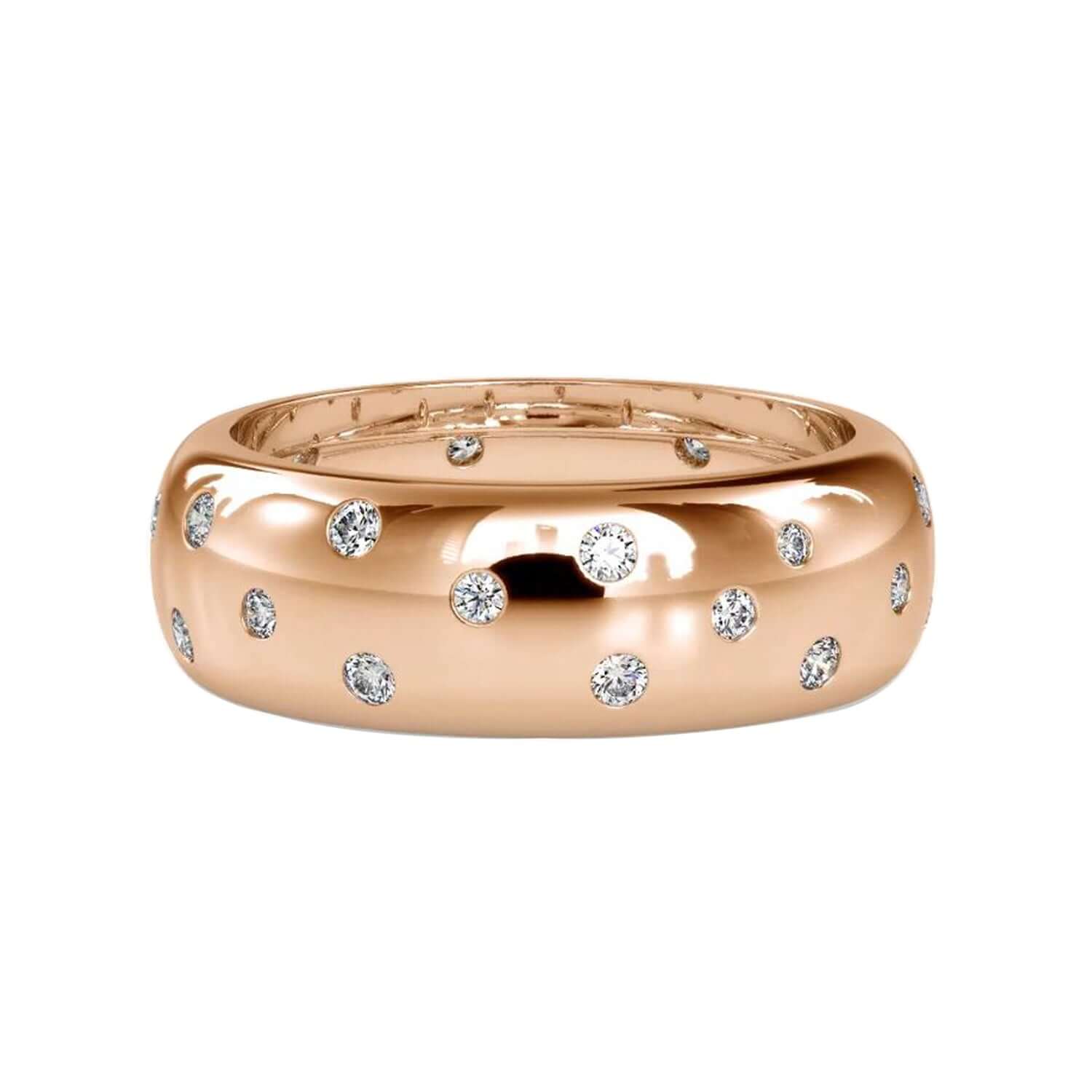 Flush diamond wedding band with round cut lab grown diamonds.