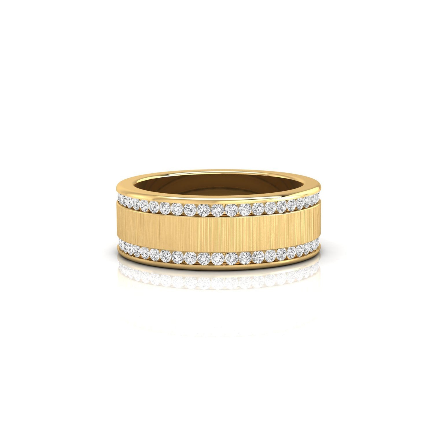 Eternity wedding band with round cut diamonds in channel setting.