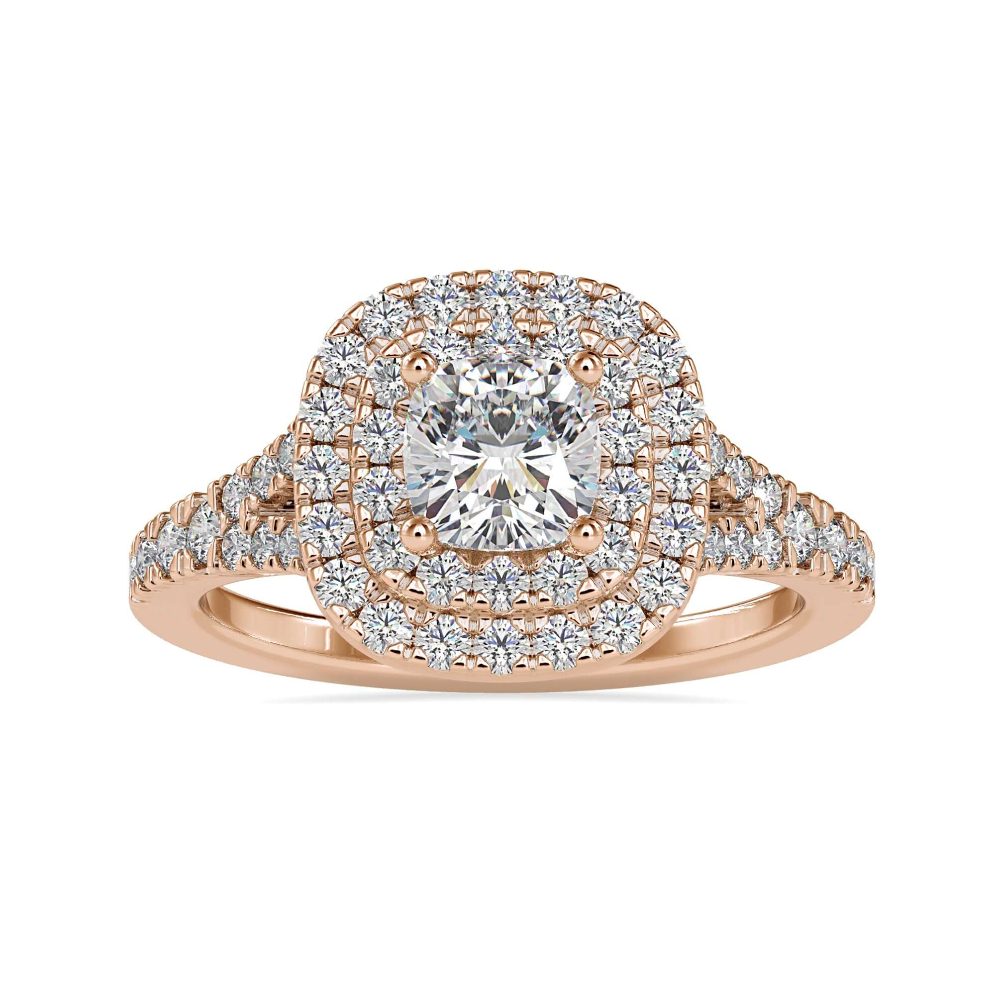 UK engagement ring featuring split shank band and pave detail.