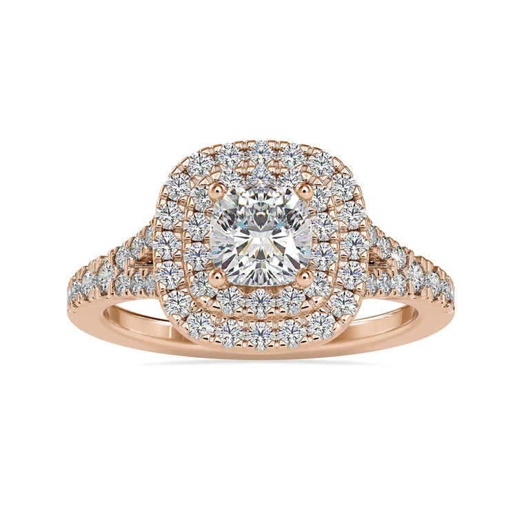 UK engagement ring featuring split shank band and pave detail.