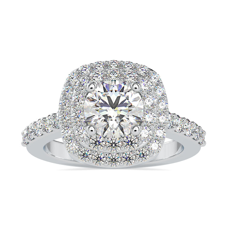 Yellow gold engagement ring with round diamond halo.
