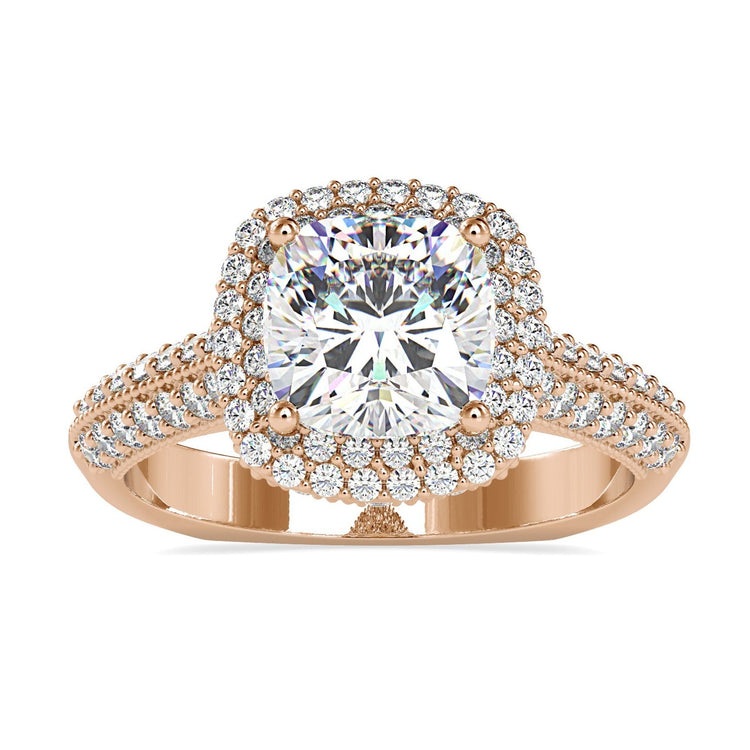 Double halo diamond ring with cushion cut centre in white gold.