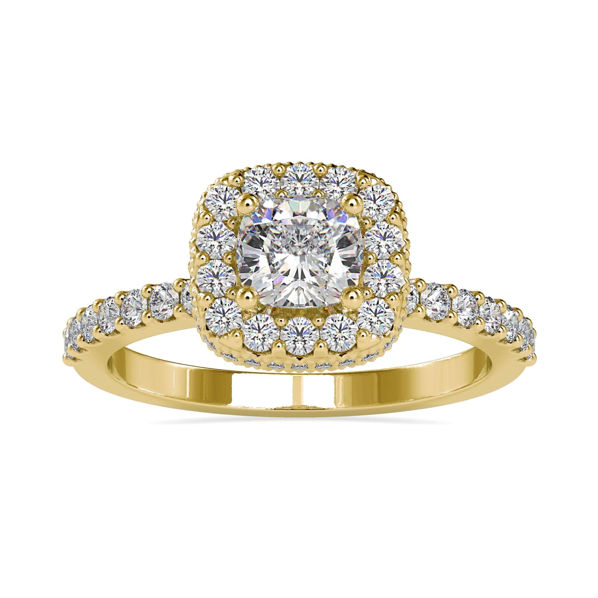Rose gold engagement ring with lab grown cushion centre diamond.