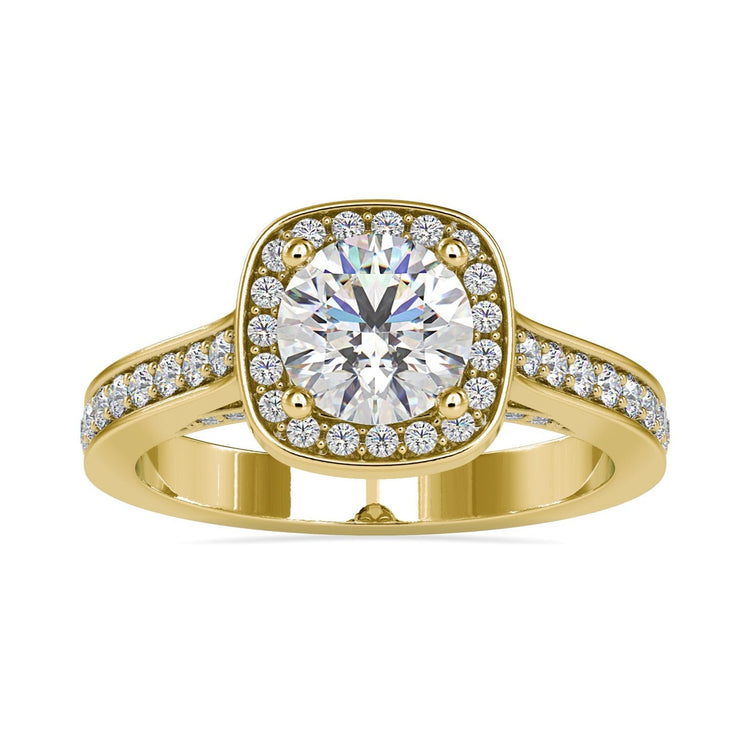 Round halo engagement ring with pave setting in white gold.