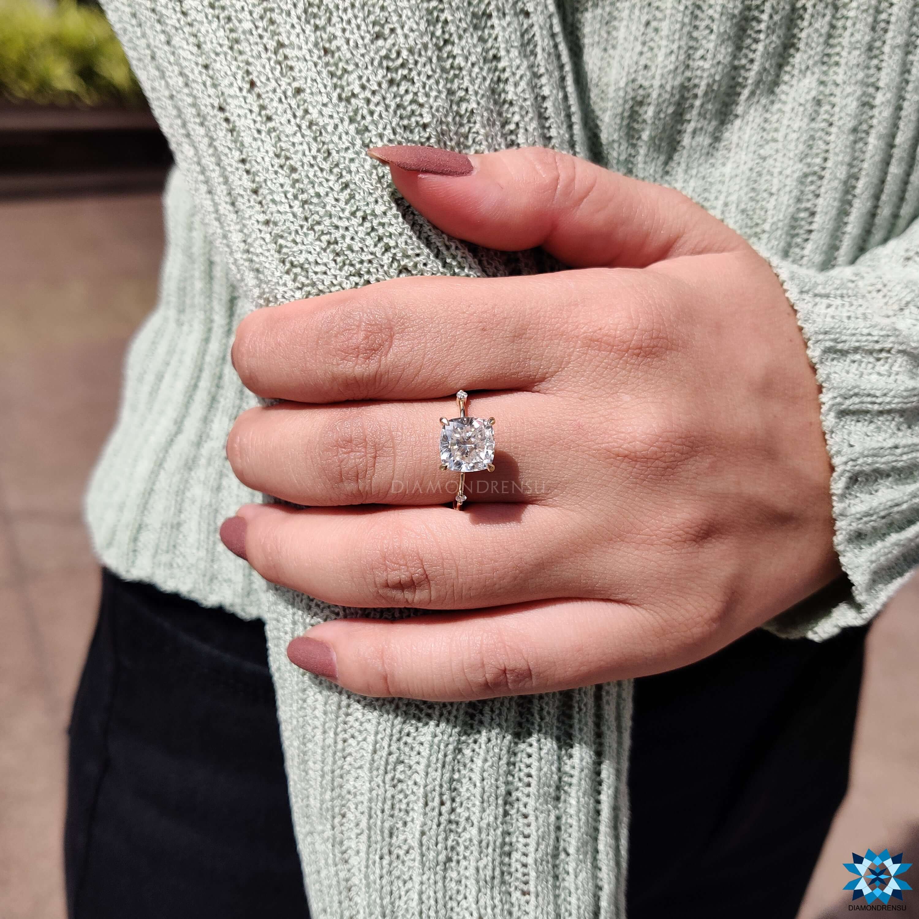 Custom engagement ring with cushion moissanite.