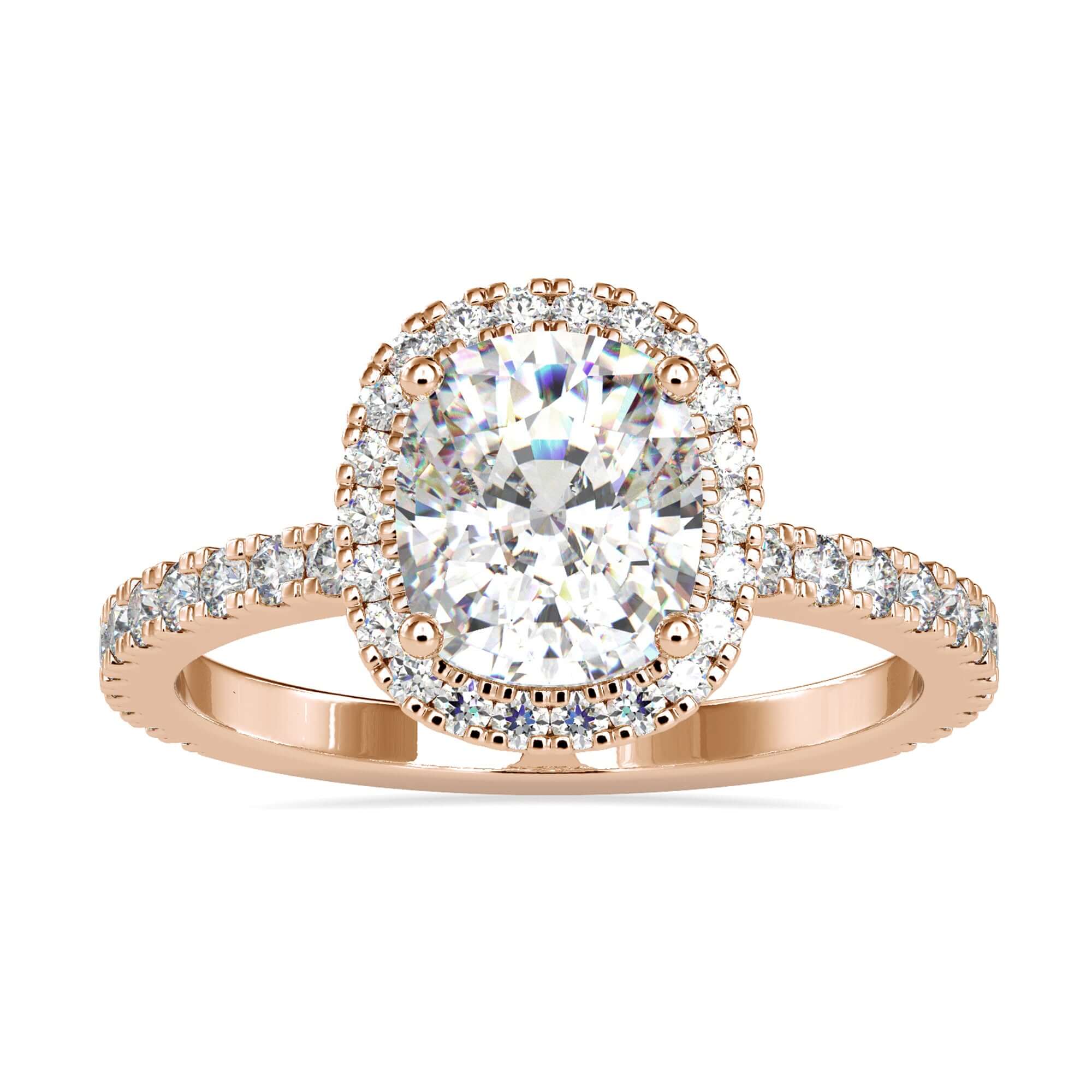 Hidden halo engagement ring with round cut accents.