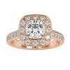 Cushion halo engagement ring with lab grown centre diamond in rose gold.
