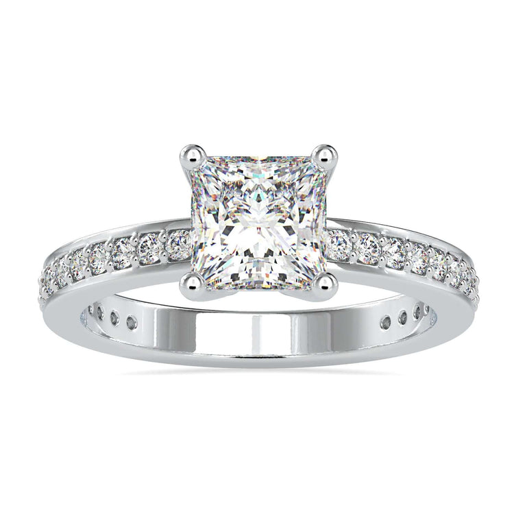 Princess cut engagement ring with basket setting in white gold.