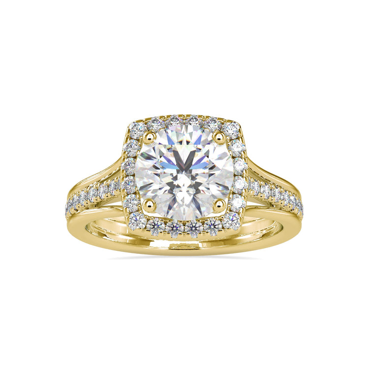 Custom design ring in rose gold with pave diamond halo.
