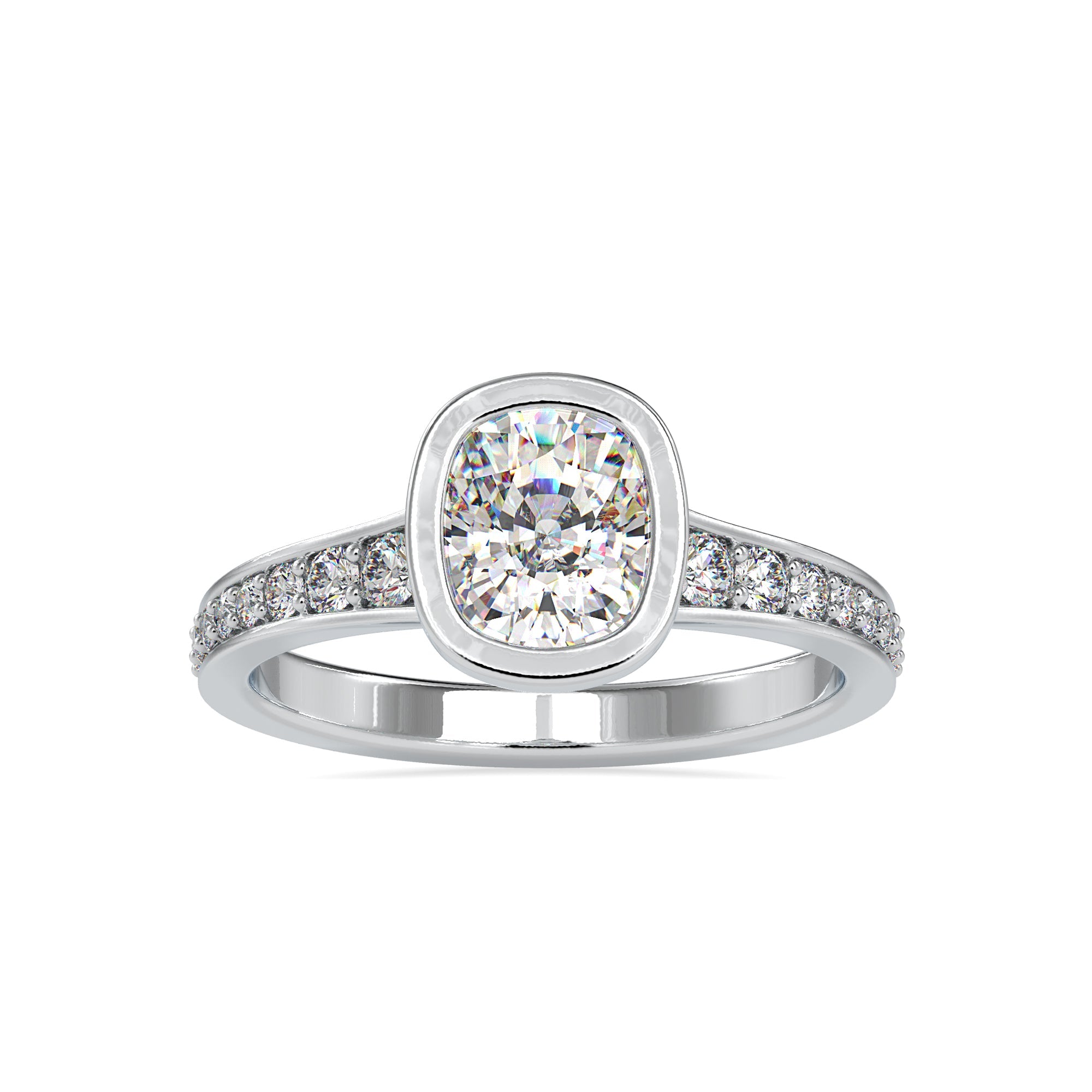 White gold diamond ring with handmade cushion cut design.
