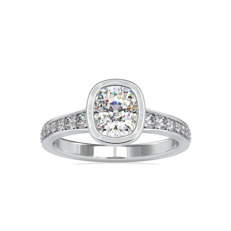 White gold diamond ring with handmade cushion cut design.