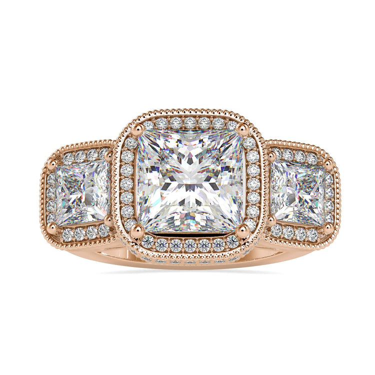IGI certified three stone diamond ring in rose gold.