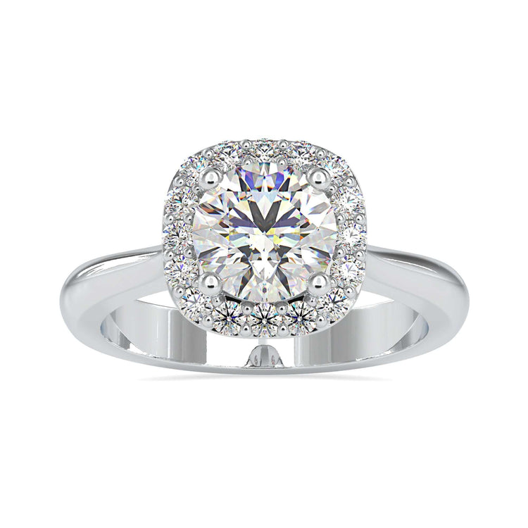 Round prong setting ring in yellow gold with halo accent.