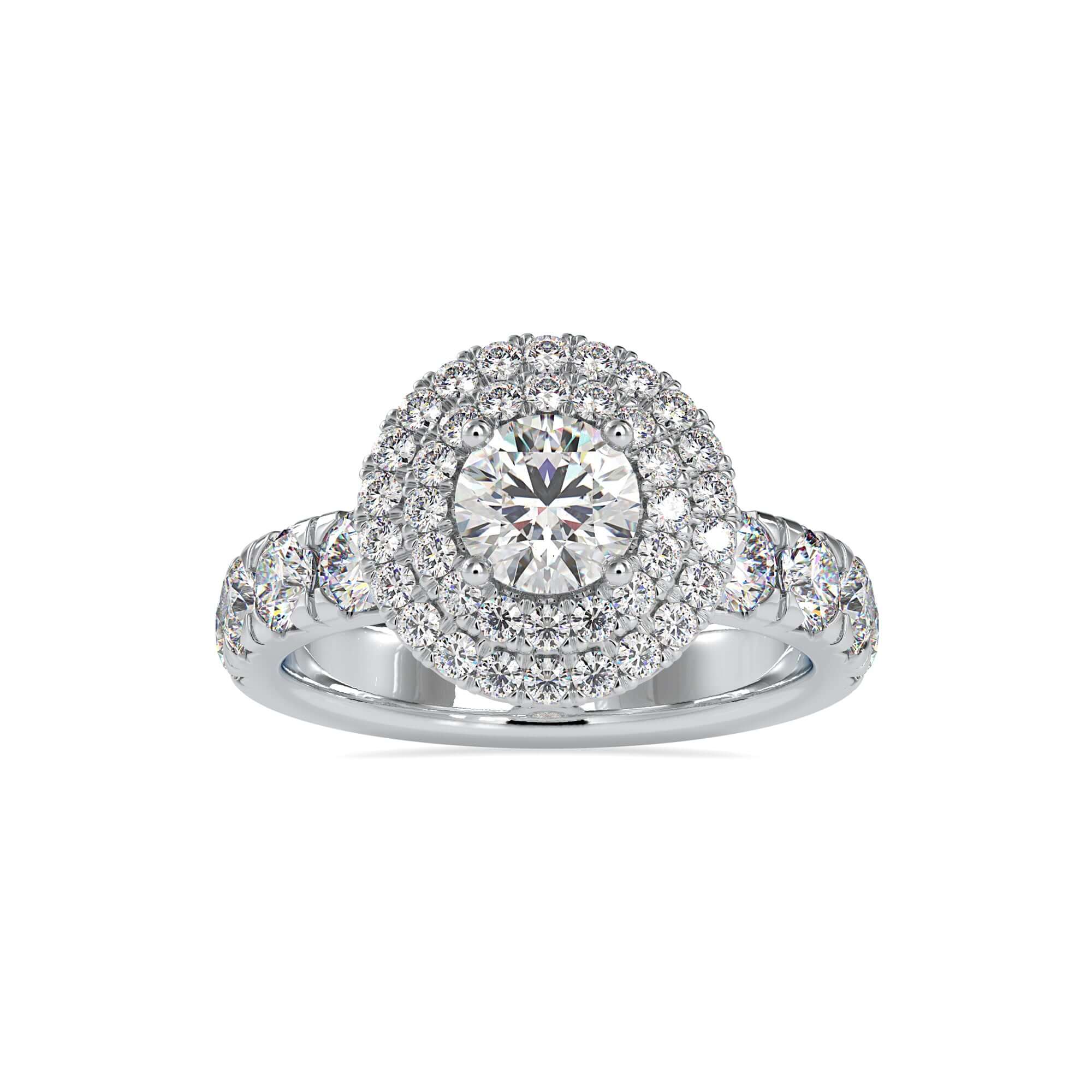 White gold halo ring with round cut diamond and hidden peekaboo design.