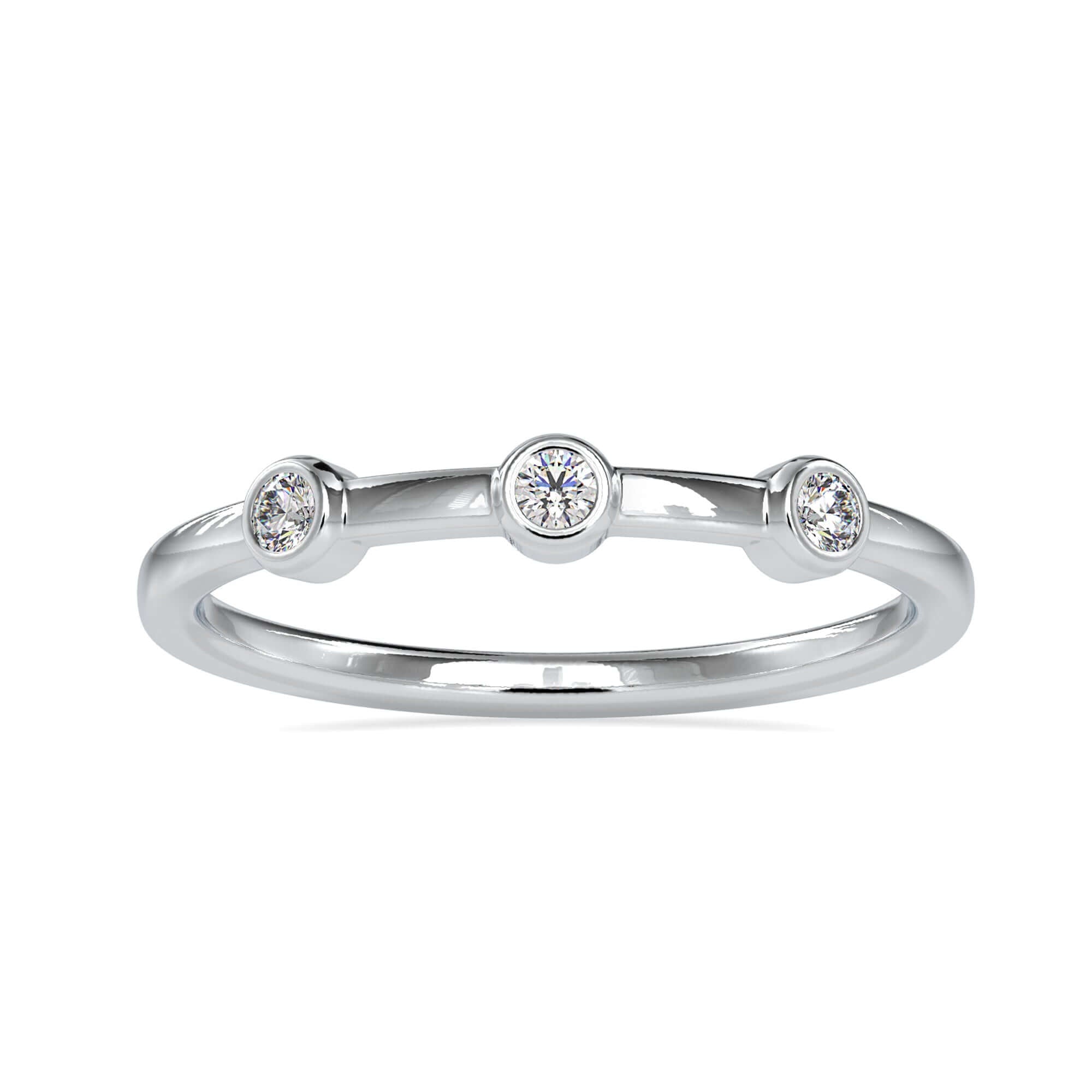 Bezel set wedding band with round lab grown diamonds.