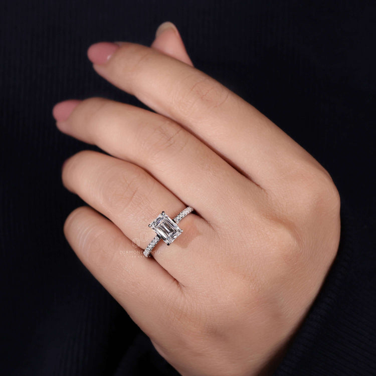 Emerald proposal ring with a stunning emerald cut diamond ring design, perfect for a unique engagement ring.
