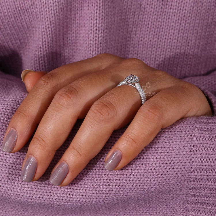 Lab grown diamond round engagement ring in a three-row pave style.