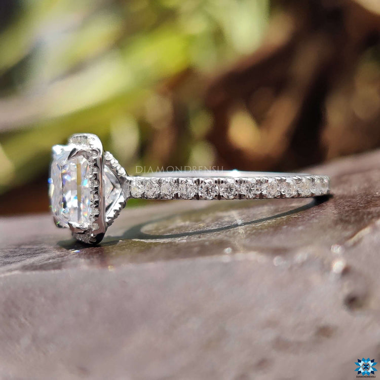 Moissanite halo setting ring.