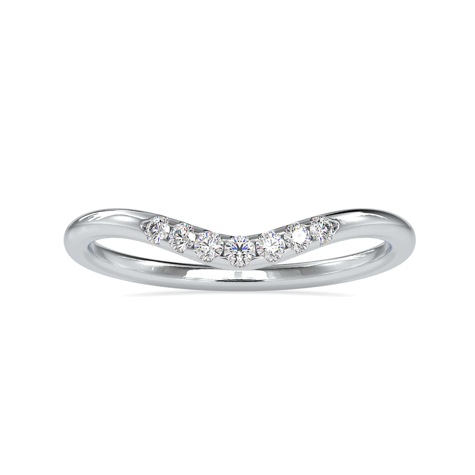 Curved wedding band crafted with round cut diamonds.