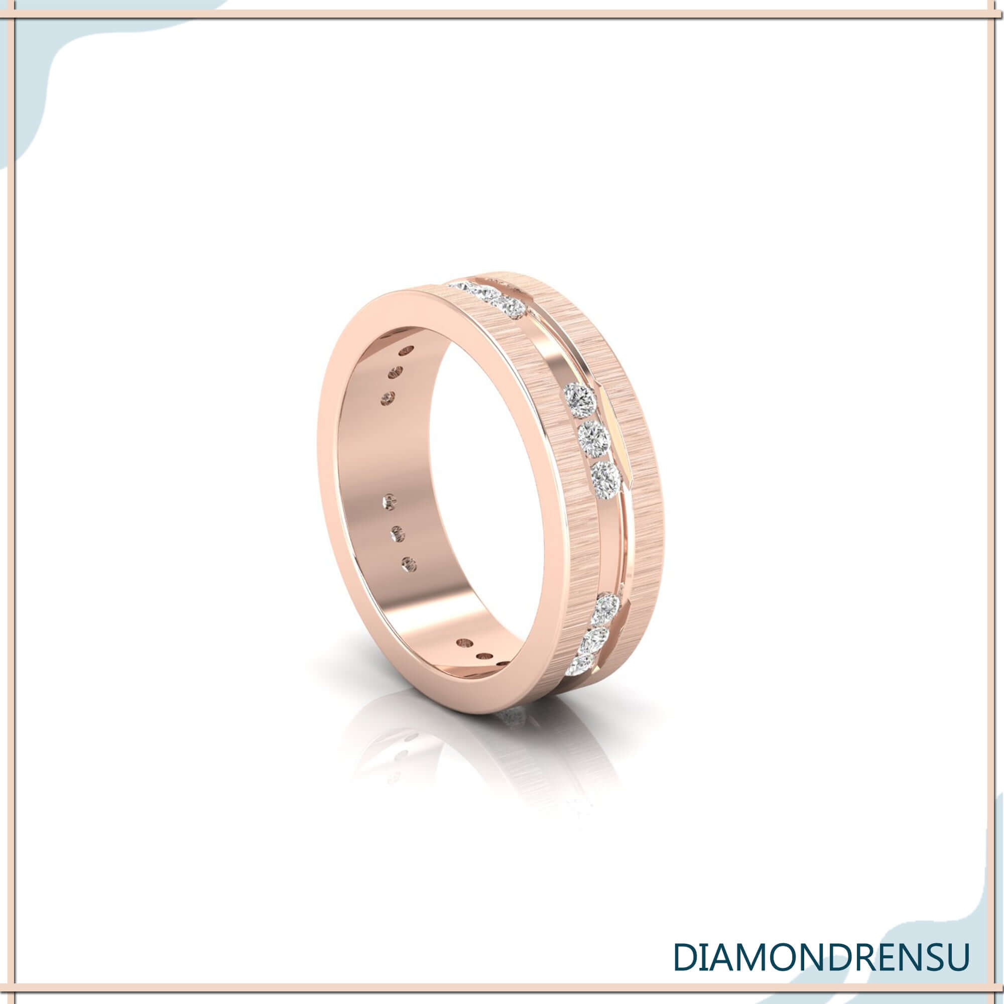 Carved channel band in mens channel set wedding band.