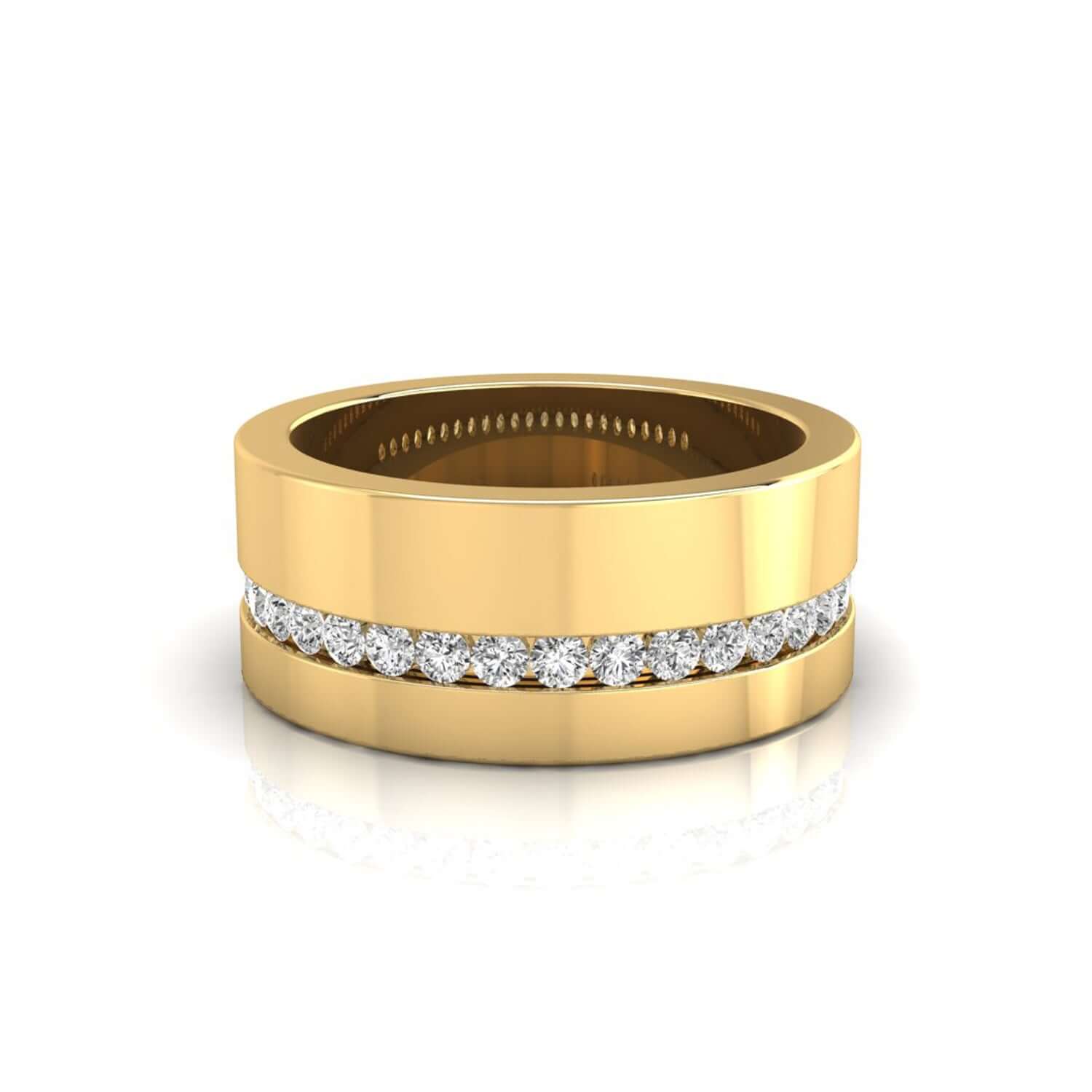 Yellow gold wide diamond band with half eternity mens band styling.