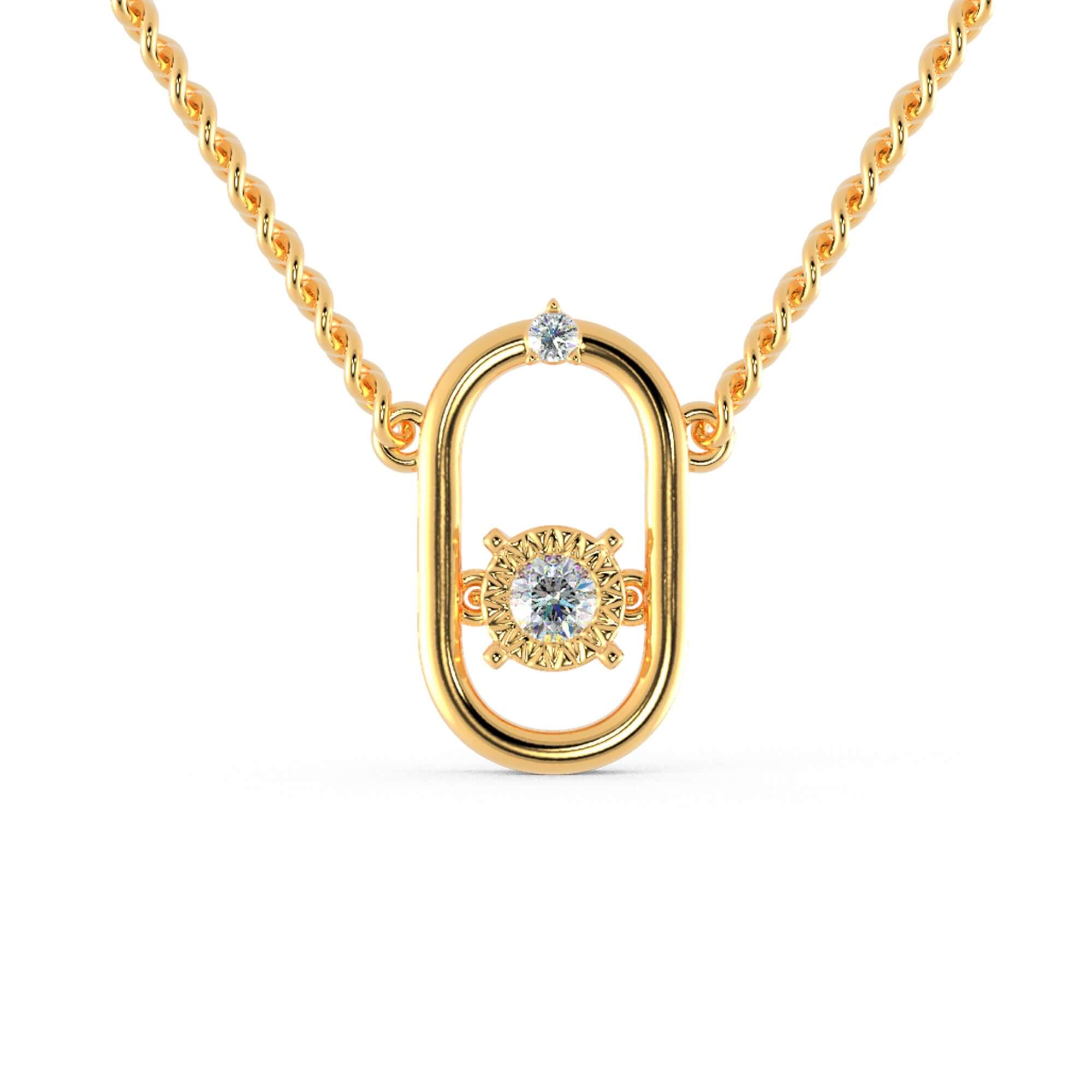 UK diamond pendant with oval halo and twin round cut diamonds.