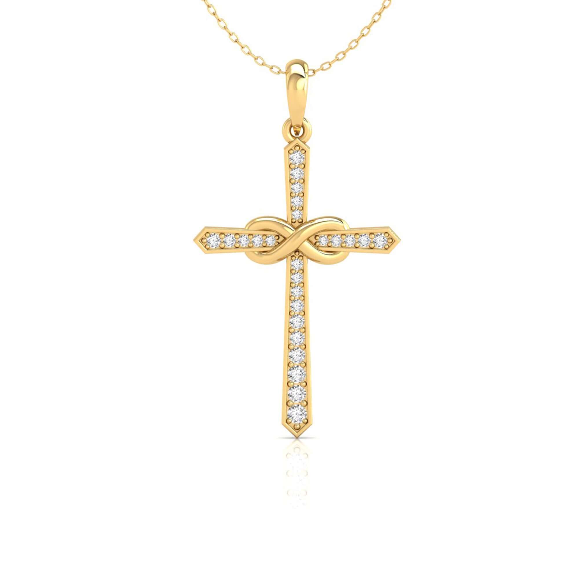 Rose gold infinity pendant with round diamond detailing.