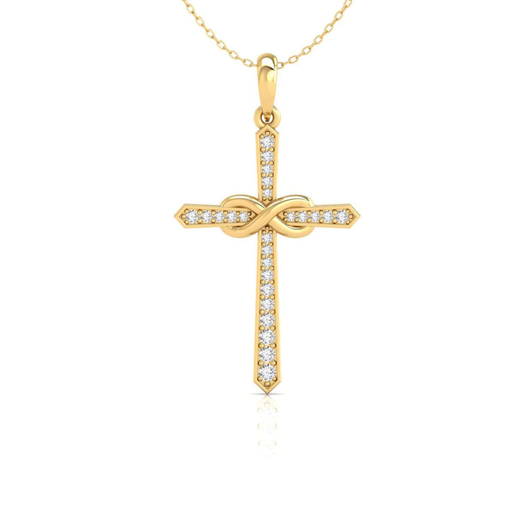 Rose gold infinity pendant with round diamond detailing.