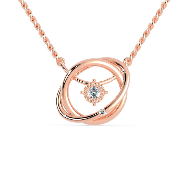 Interlocking rose gold pendant with round cut diamond detailing.
