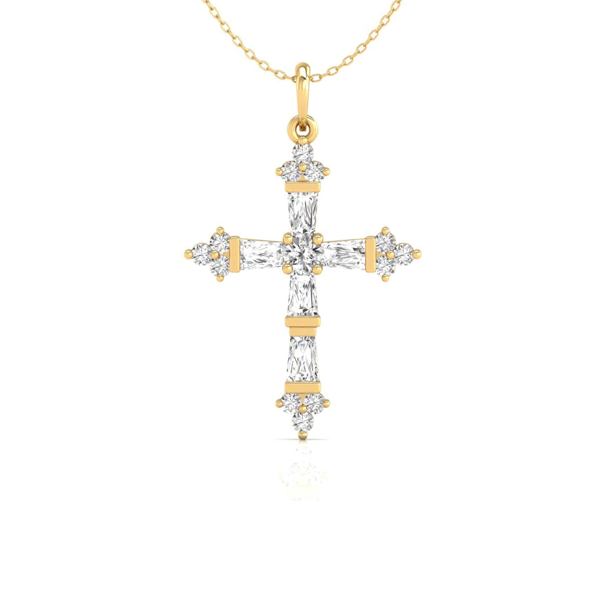 Bar setting cross pendant featuring round and tapered diamonds.