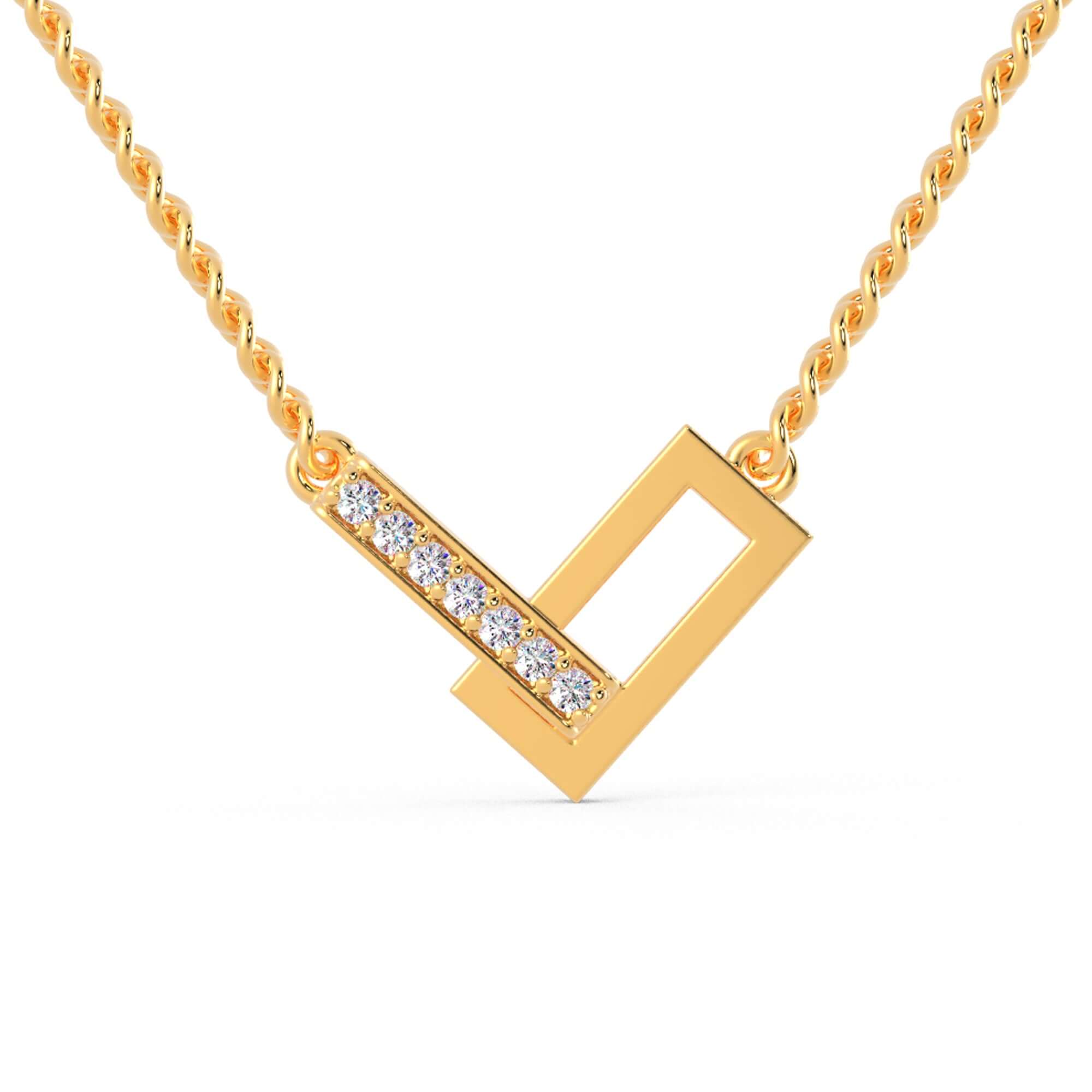 Open frame round diamond pendant in V shape design, UK style.
