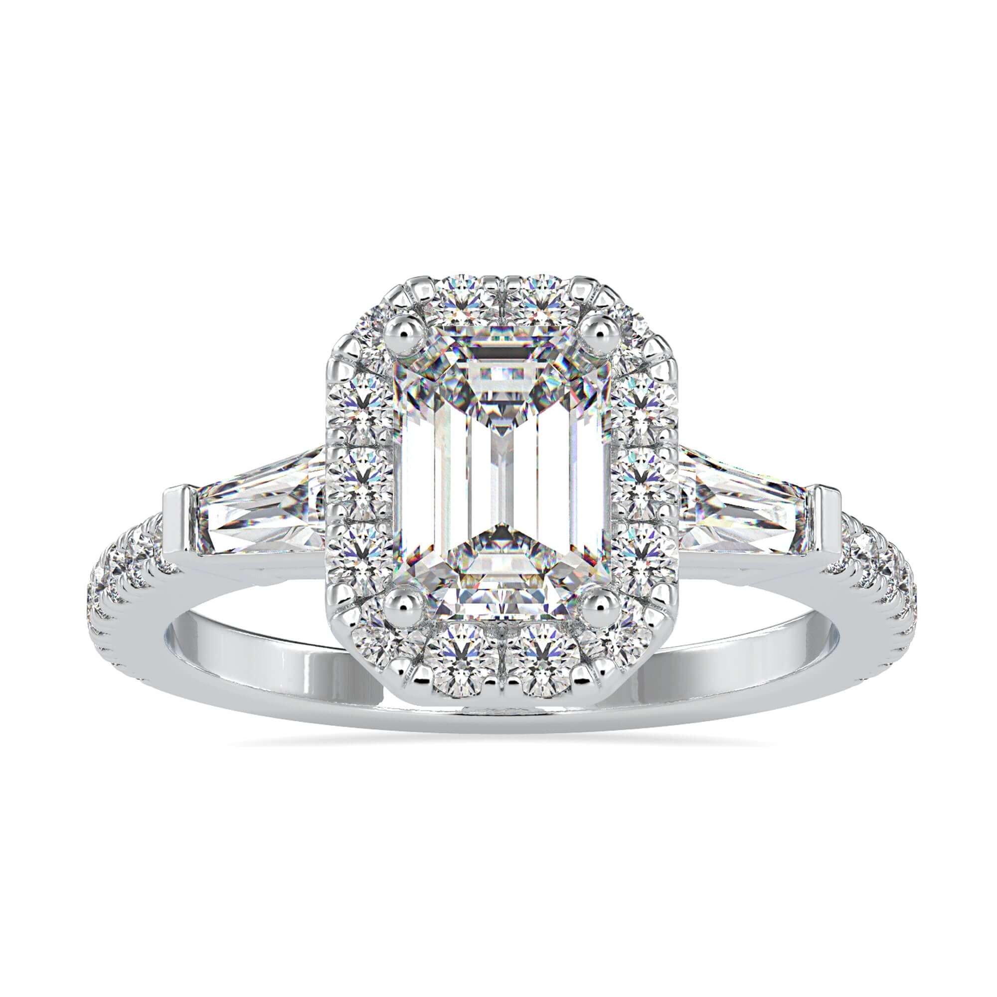 Buy engagement ring with elegant halo and pave band.