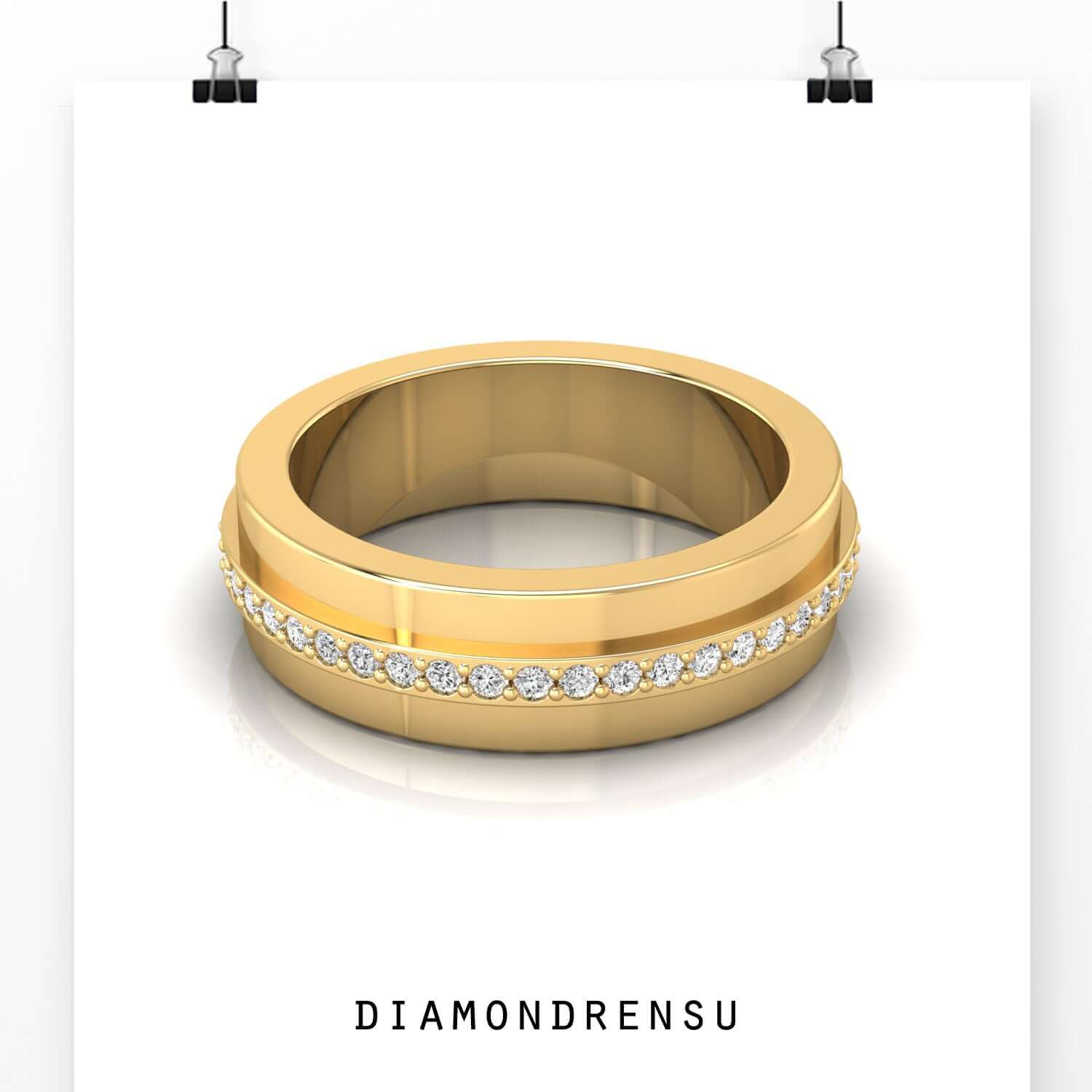 White gold mens wedding band with a round diamond centre.