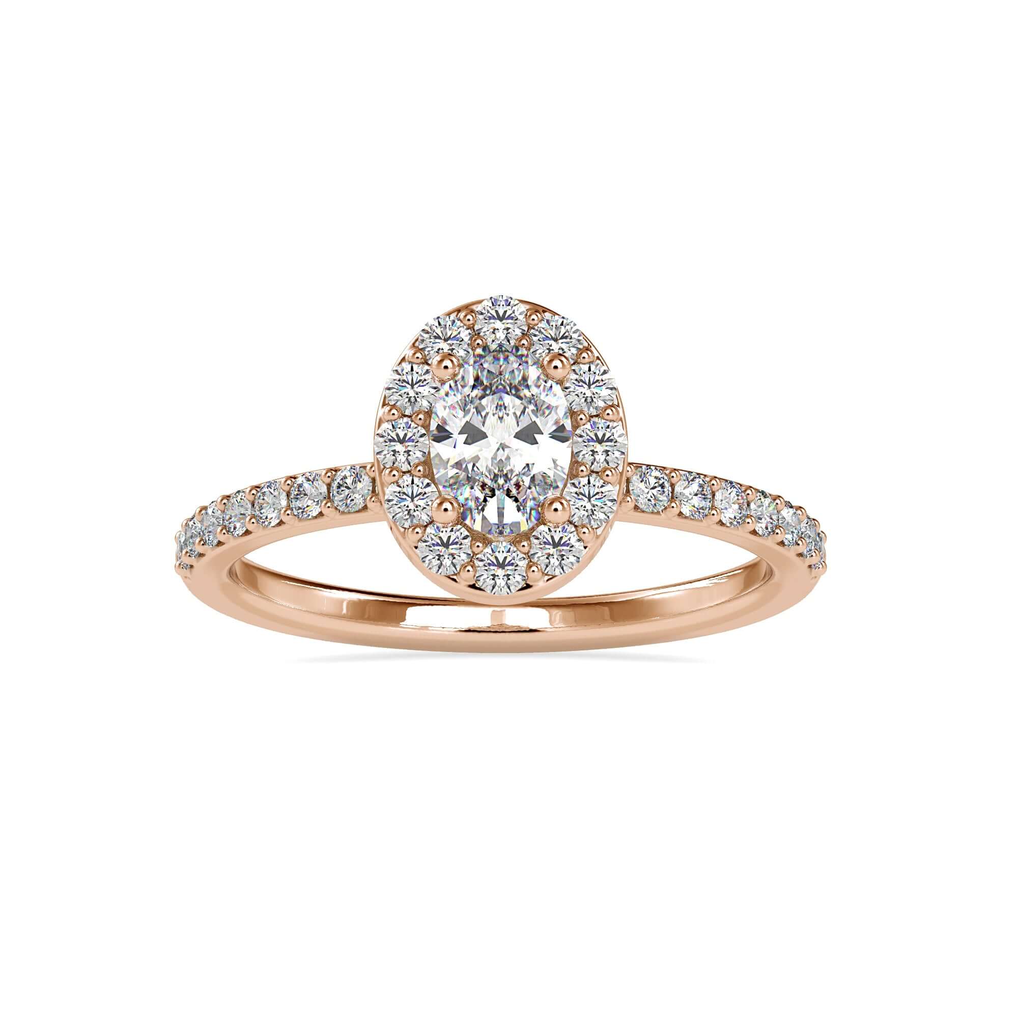 Round diamond halo setting with lab grown oval centre.