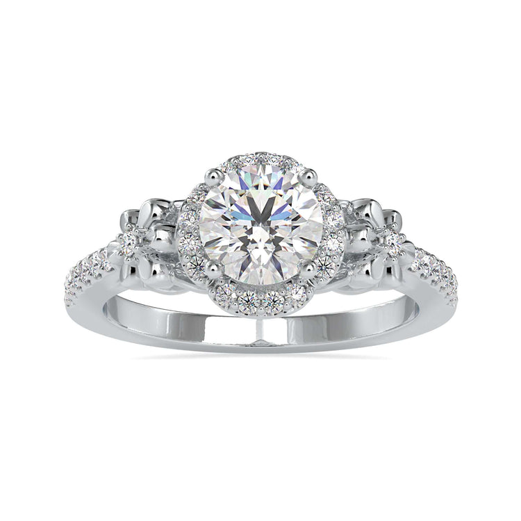 Handmade flower diamond ring in white gold with round side stones.