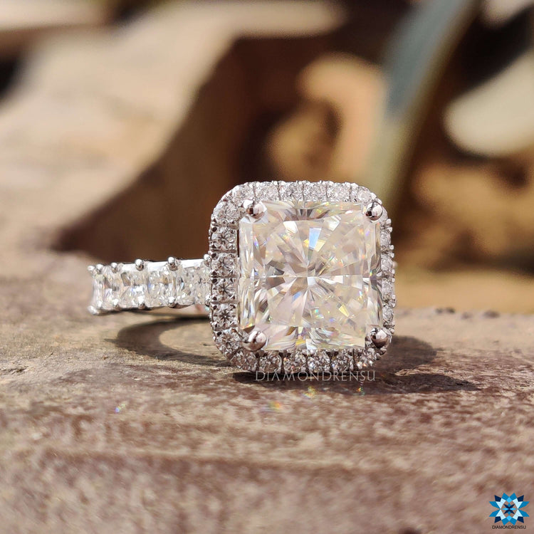 Handmade square radiant engagement ring in a custom white gold design.