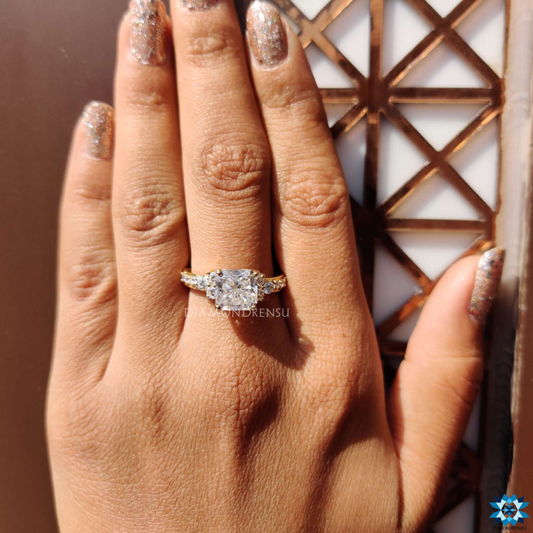 Handmade moissanite ring in prong setting and muse design.