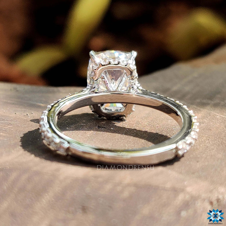 Moissanite engagement ring in white gold setting.
