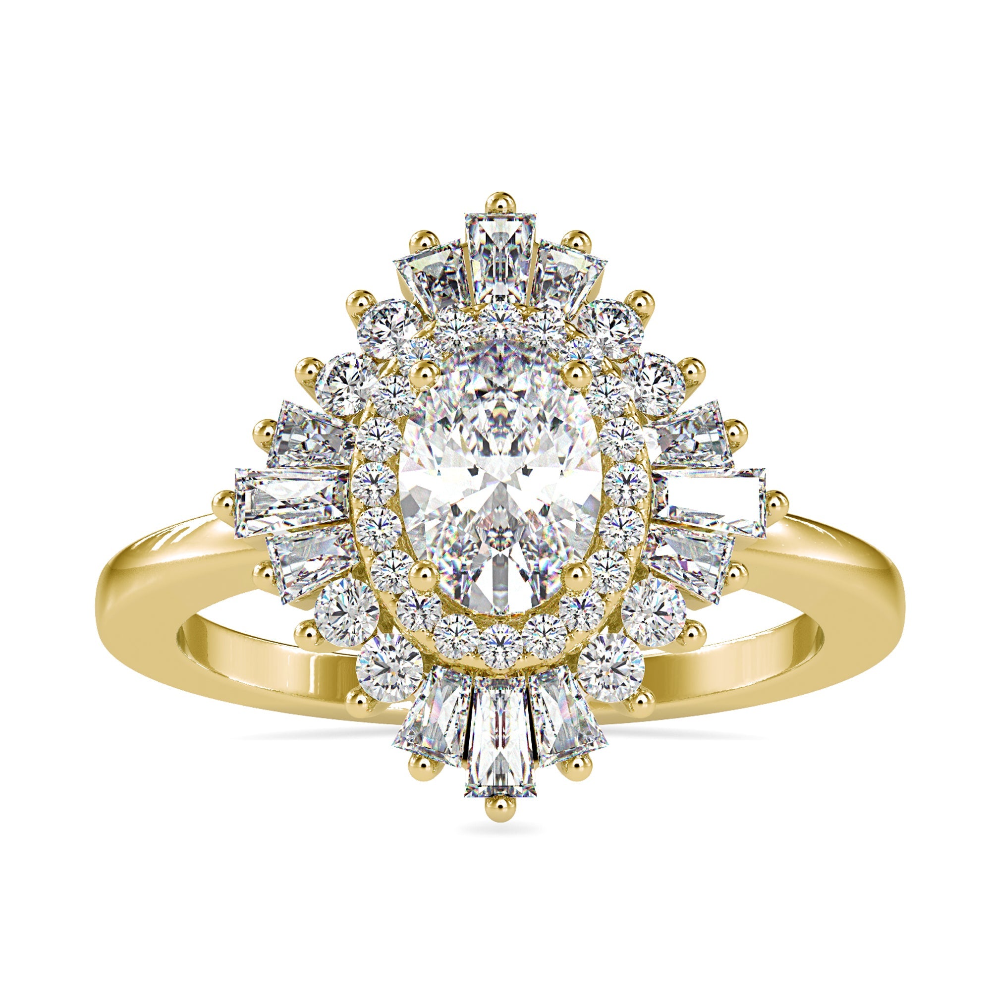 Halo tapered baguette diamond ring in UK style.