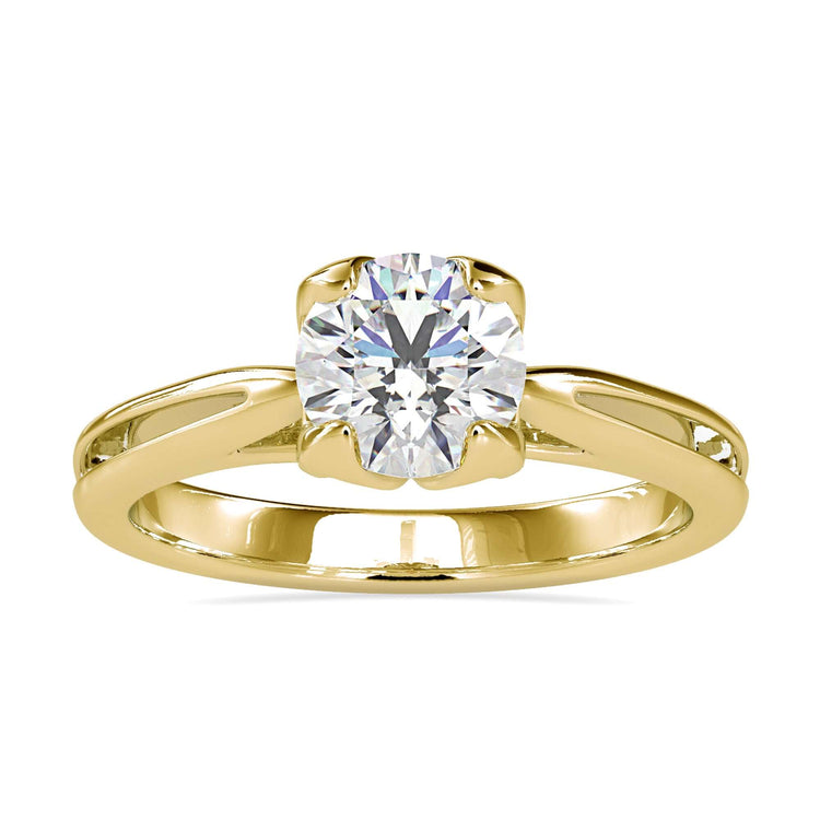 Petal setting engagement ring with a round cut diamond in yellow gold.
