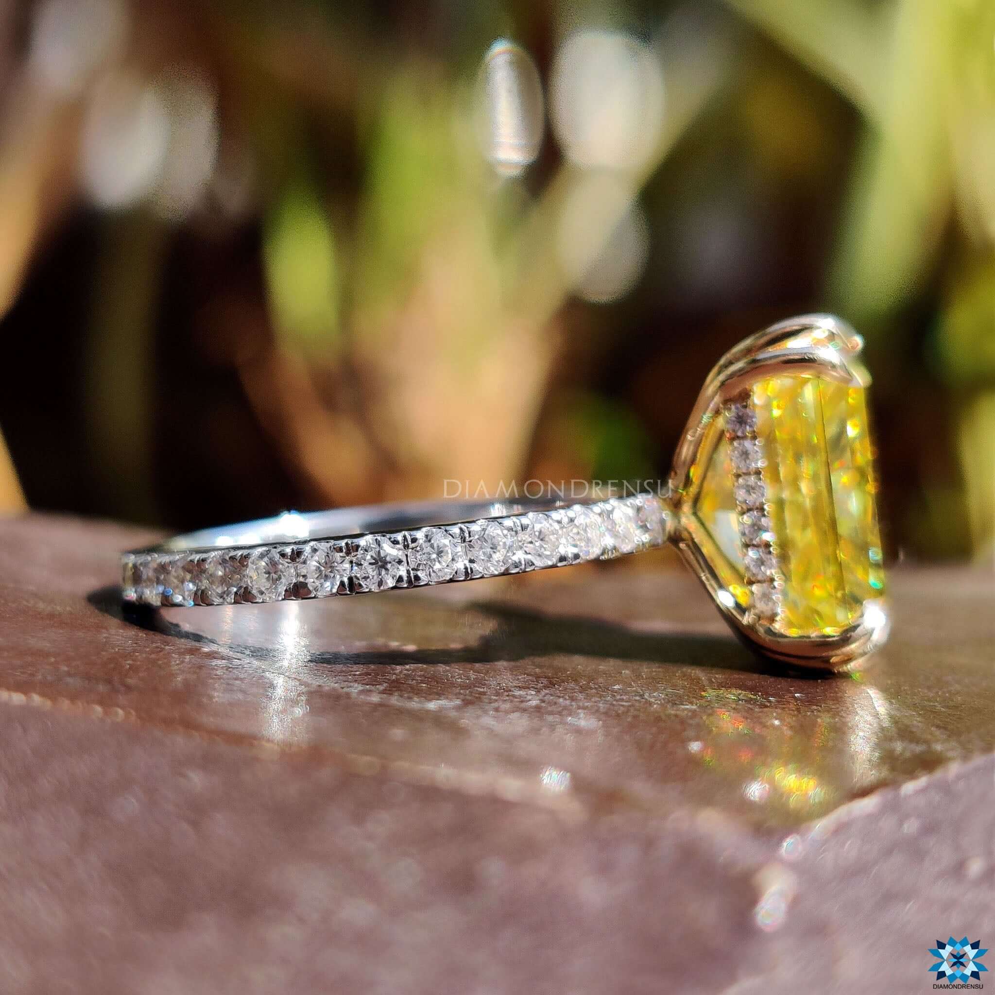 Radiant Cut Yellow Moissanite Ring with hidden halo setting.