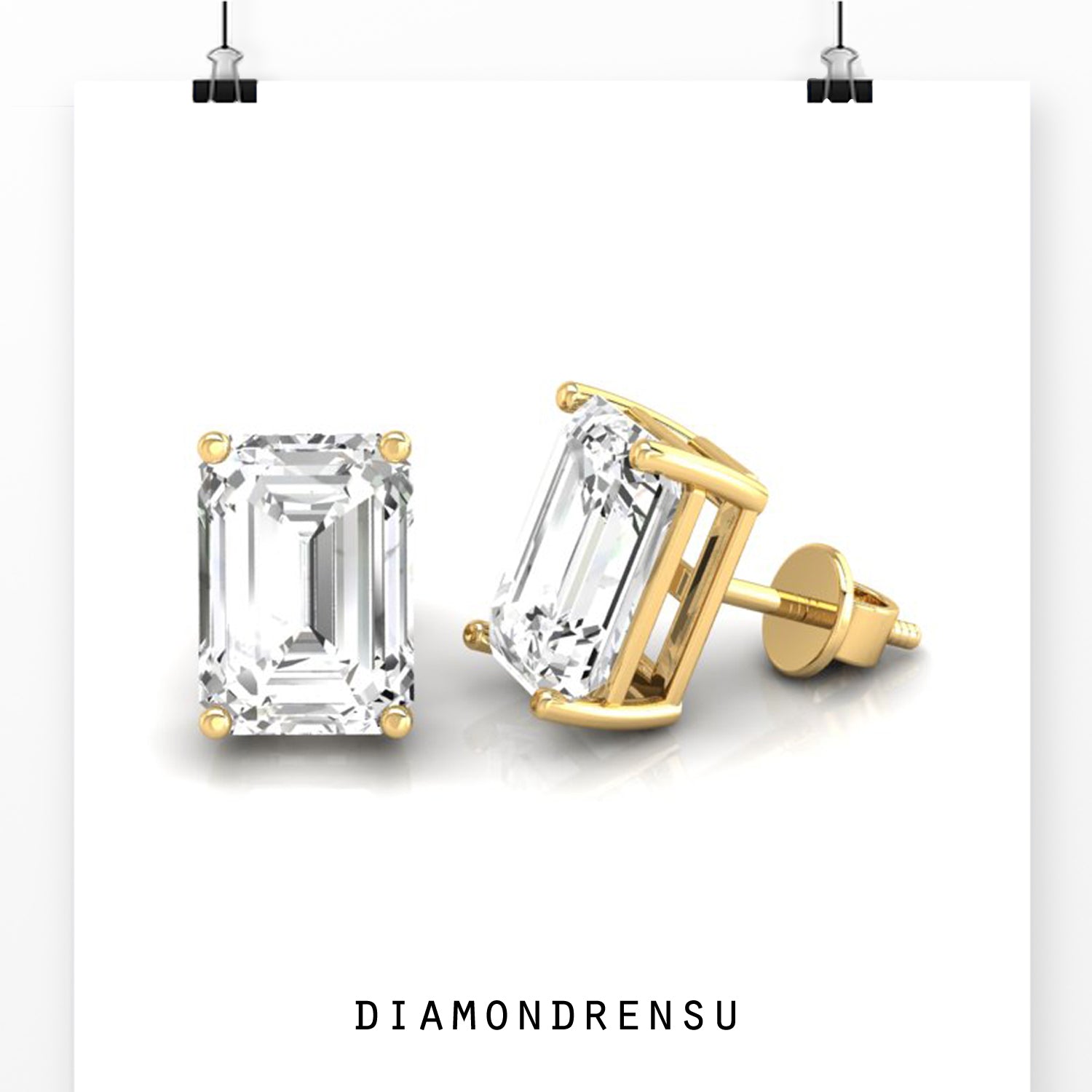 UK diamond earrings featuring emerald cut diamonds in gold stud style.