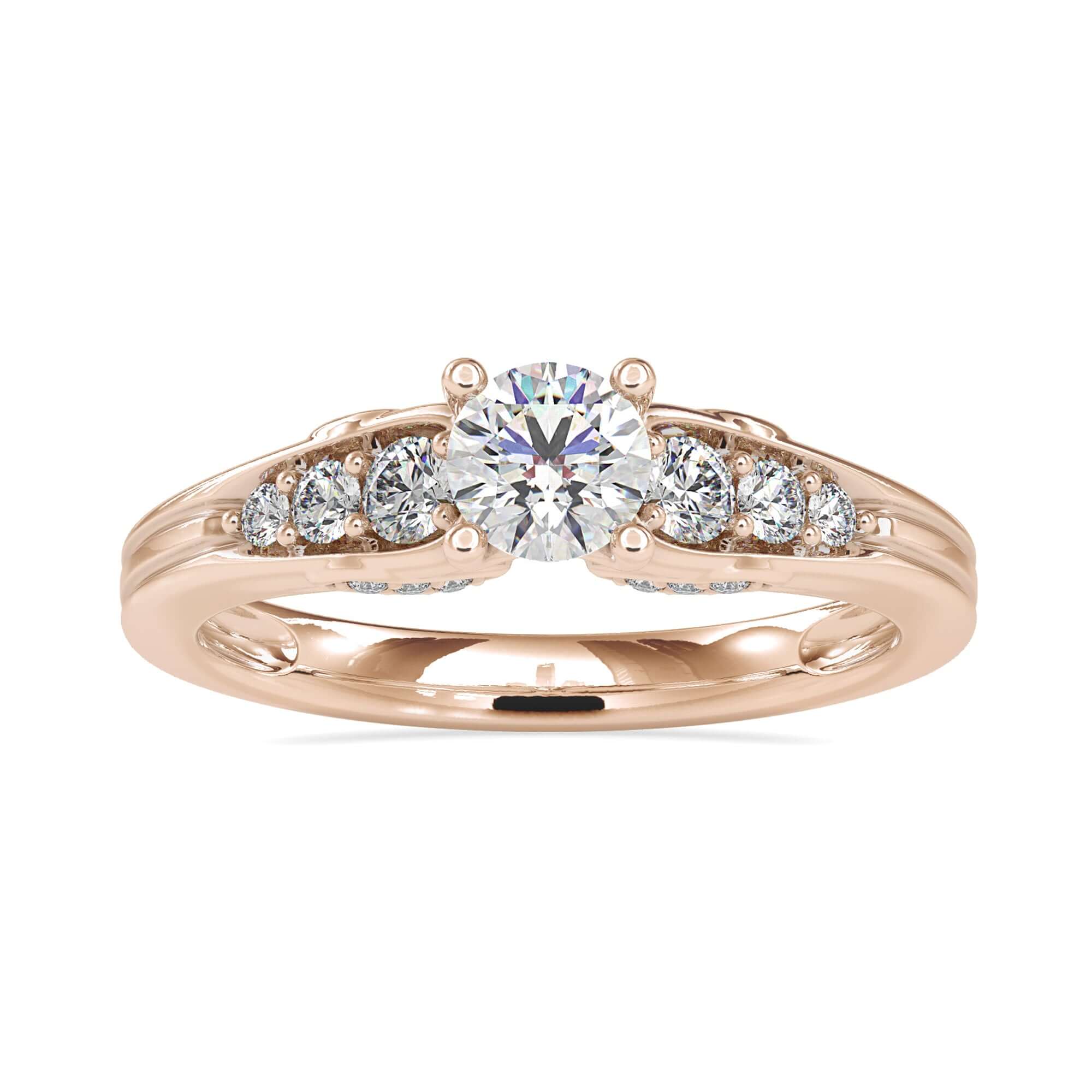 Diamondrensu UK engagement ring featuring round diamond side stones.